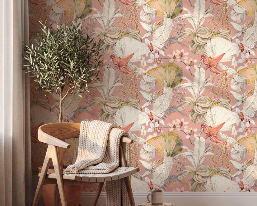 Pink tropical wallpaper with ivory fan palms, orchids, coral blossoms and sage foliage on dusty rose