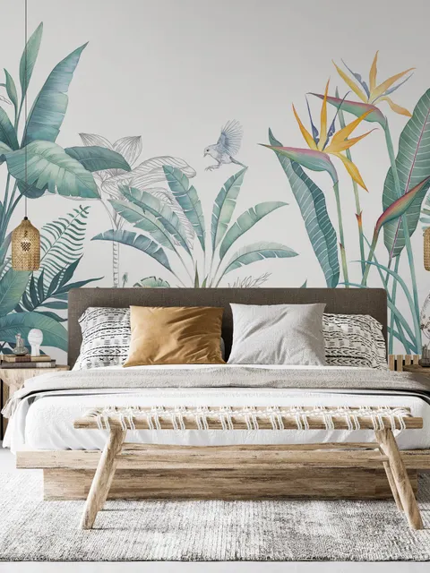 Tropical Banana Leaf with a Bird Wallpaper Mural