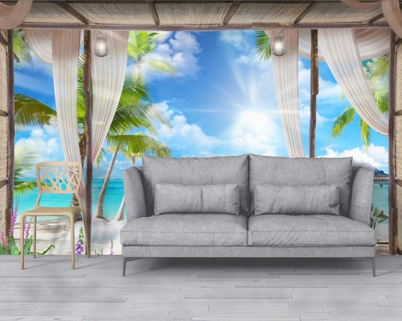 3D Look  Blue Sea Landscape with Old Arches and Palm Trees Wallpaper Mural