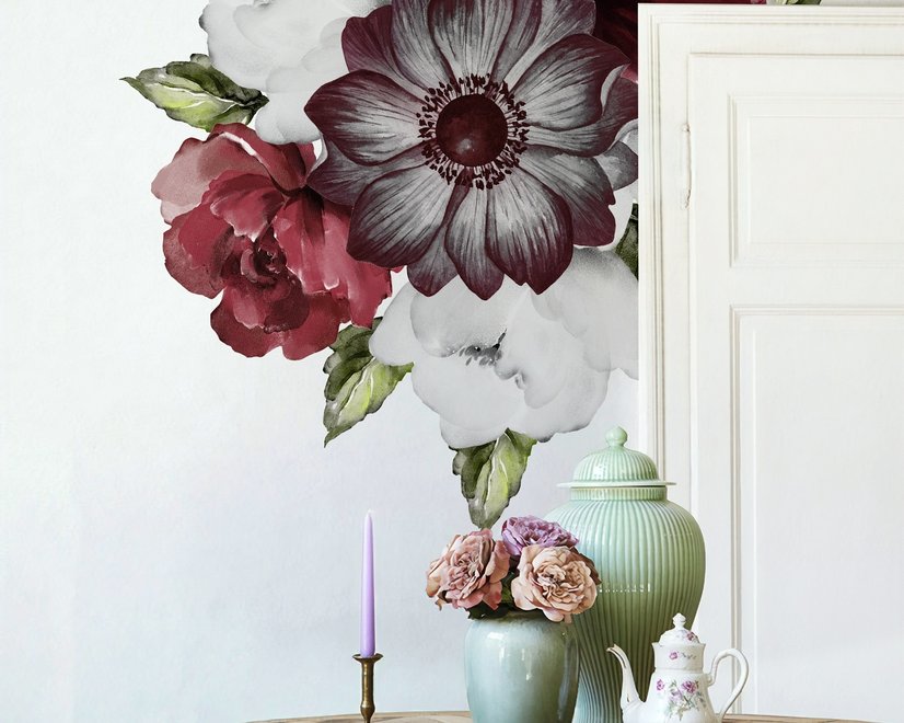 Watercolor Red Rose and Anemone Floral Bouqets Wall Decal Sticker