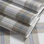 Beige, oat and cream-white plaid wallpaper with fine navy-blue stripes and printed linen texture