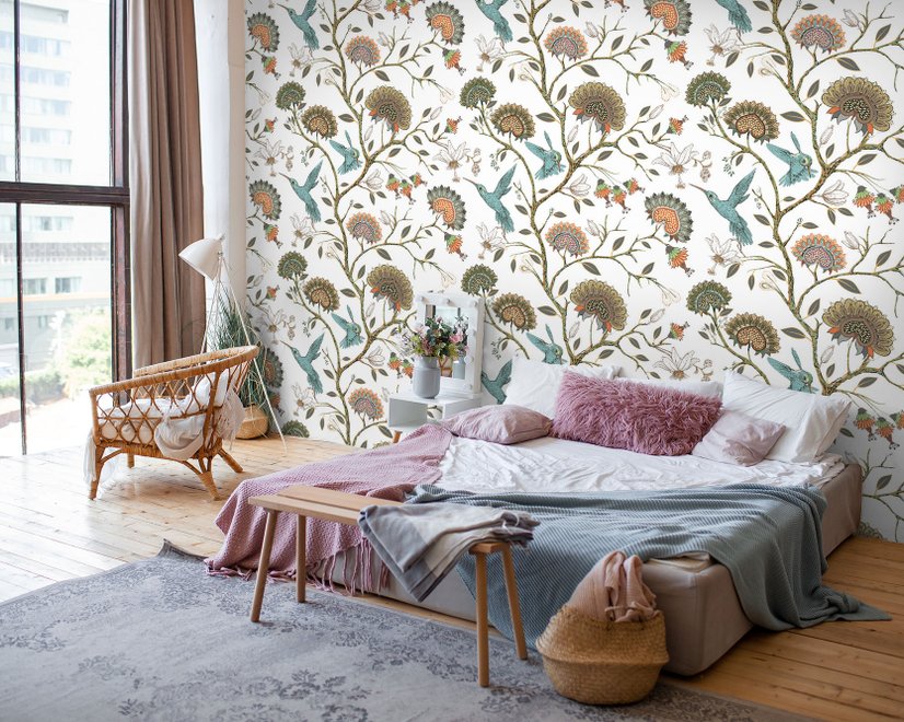 Papier peint fleur vintage colibri
