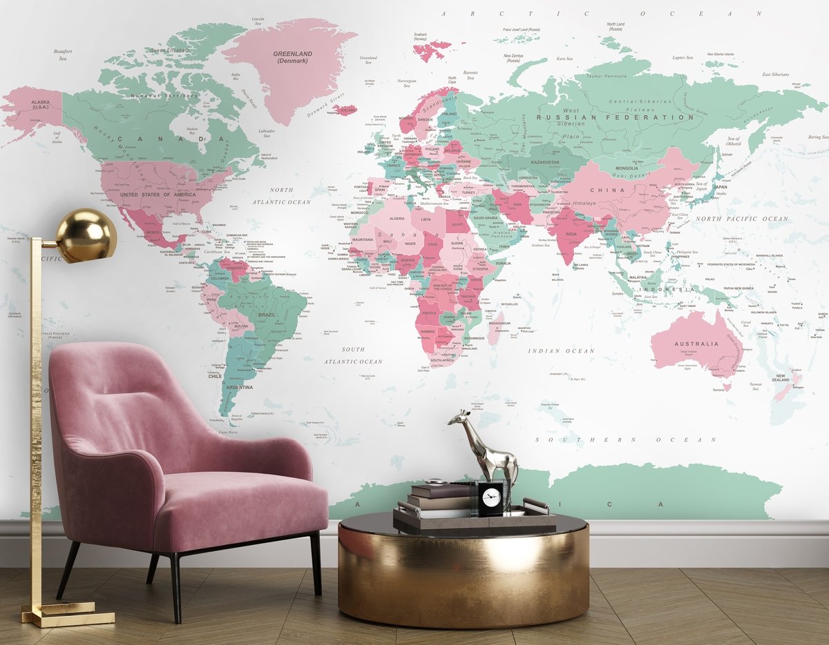 Pink and Green Political World Map Wallpaper Mural - Peel and Stick