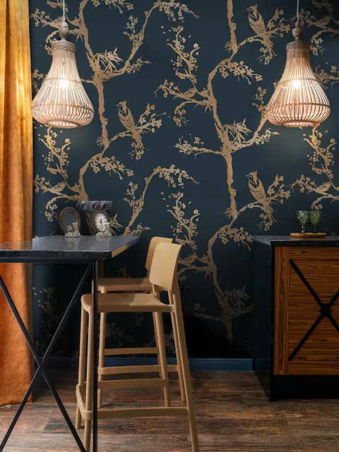 Gold Faux Tree Blossom Branch Silhouette with Birds Wallpaper Mural