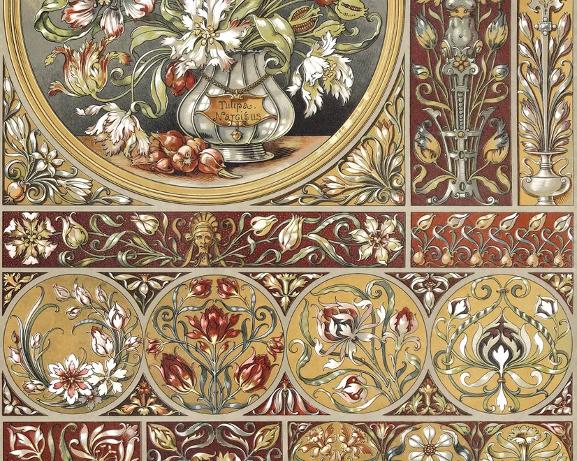 Antique style wallpaper mural with tulip vase medallion, floral tile panels and burgundy borders