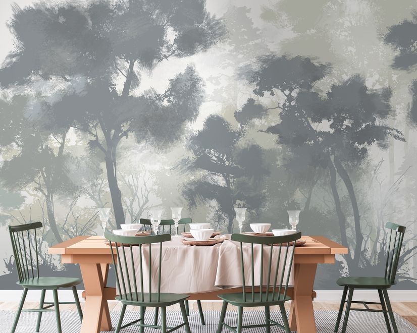 Monochrome Forest Silhouette Landscape Wallpaper Mural