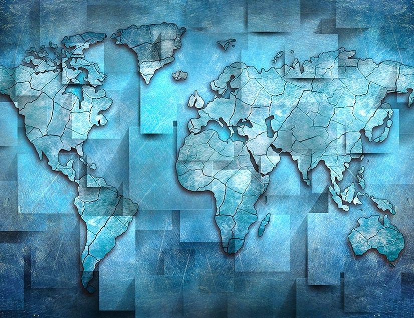 Papier peint panoramique carte du monde bleue effet 3D