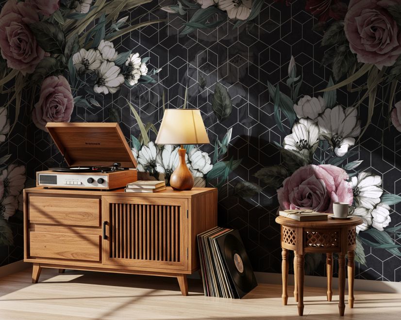 Bunte Blumen mit dunklem geometrischem Muster Fototapete