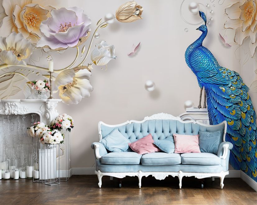 3D Embossed Look Tulip Floral with Peacock Wallpaper Mural