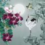 Fototapete Weißer Storch und Lila Blumen
