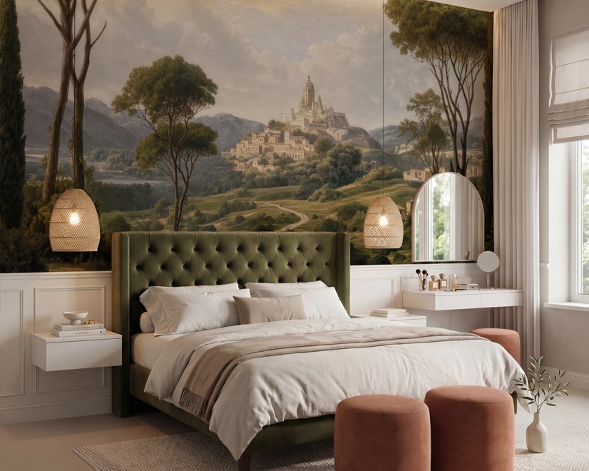 Vintage oil painting wallpaper of cypress trees, villas and a domed cathedral in an Italian landscape