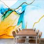Papier peint panoramique bleu, jaune, aquarelle, pinceau et lignes modernes