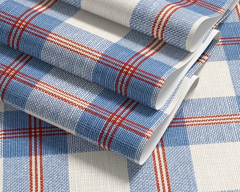 Blue and red plaid wallpaper with denim blue, cream and sky blue woven checks and fine red stripes
