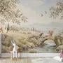 Watercolour woodland wall mural with fawn, rabbits, stone bridge, stream and distant cypress countryside