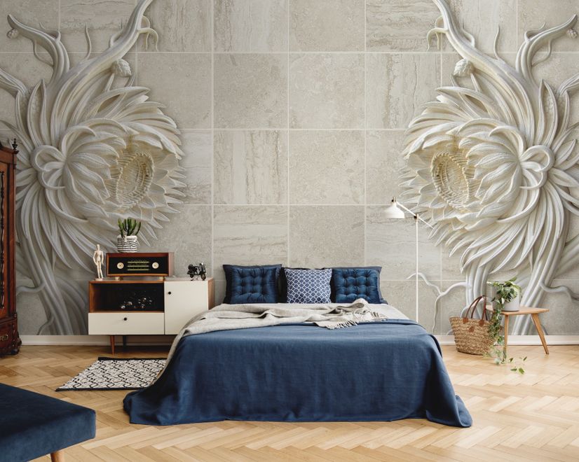 3D Embossed Look Marble Sunflower Wallpaper Mural