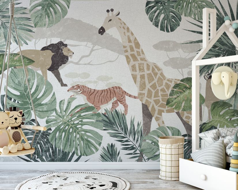 Retro Wild Animals with Tropical Leaves Wallpaper Mural