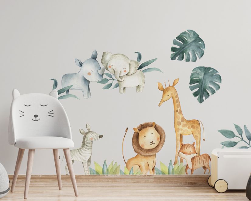 Kids Watercolor Safari Animals with Tropical Leaves Wall Decal Sticker