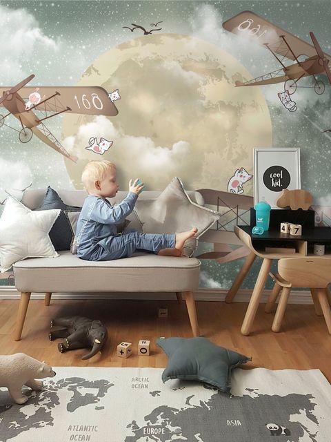 Papier peint lune avec avion pour enfants