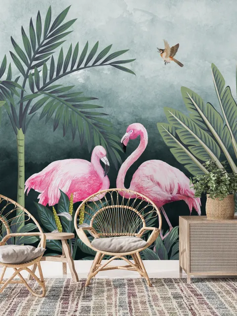 Pink Flamingo with Vintage Forest Wallpaper Mural