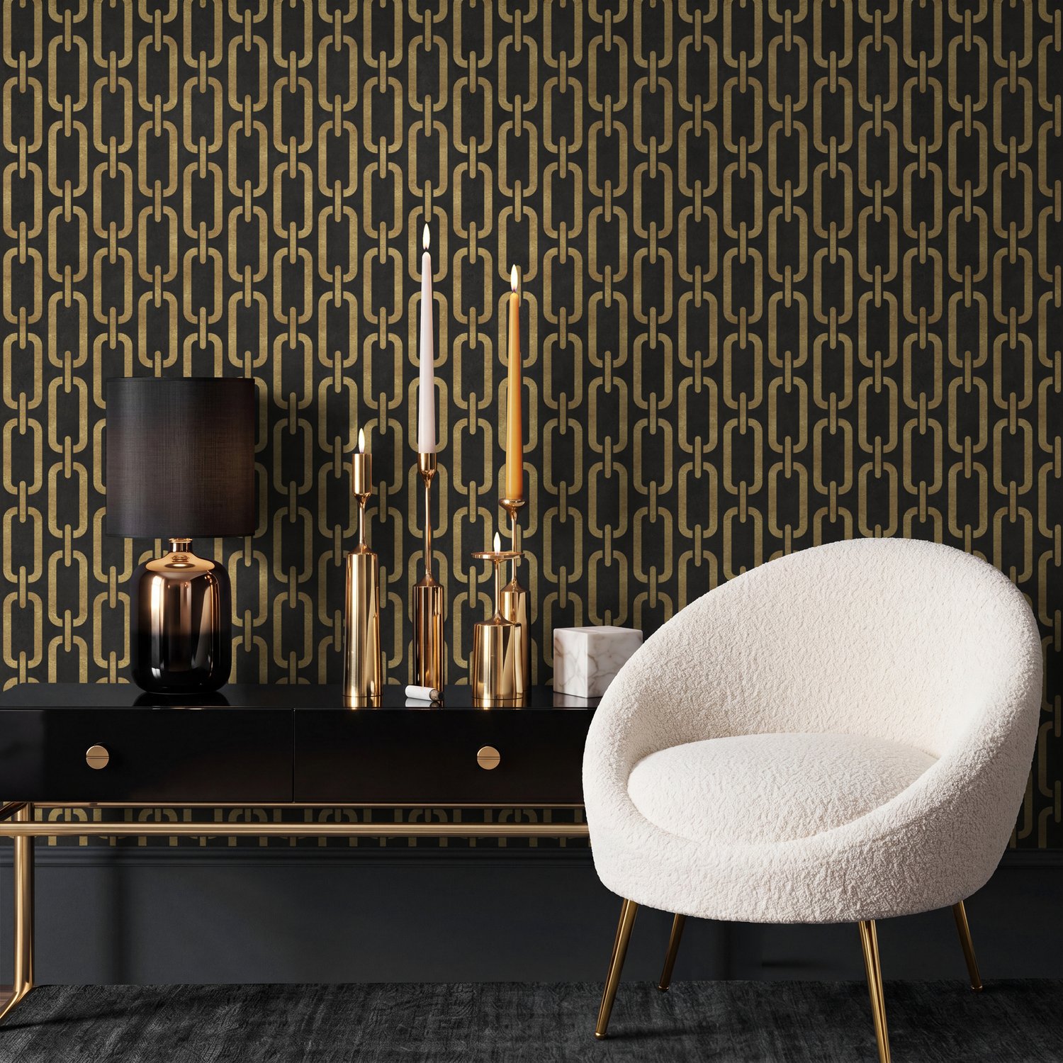 Tapete im Art déco Stil in Anthrazit und Gold mit Kettenmuster - Selbstklebende