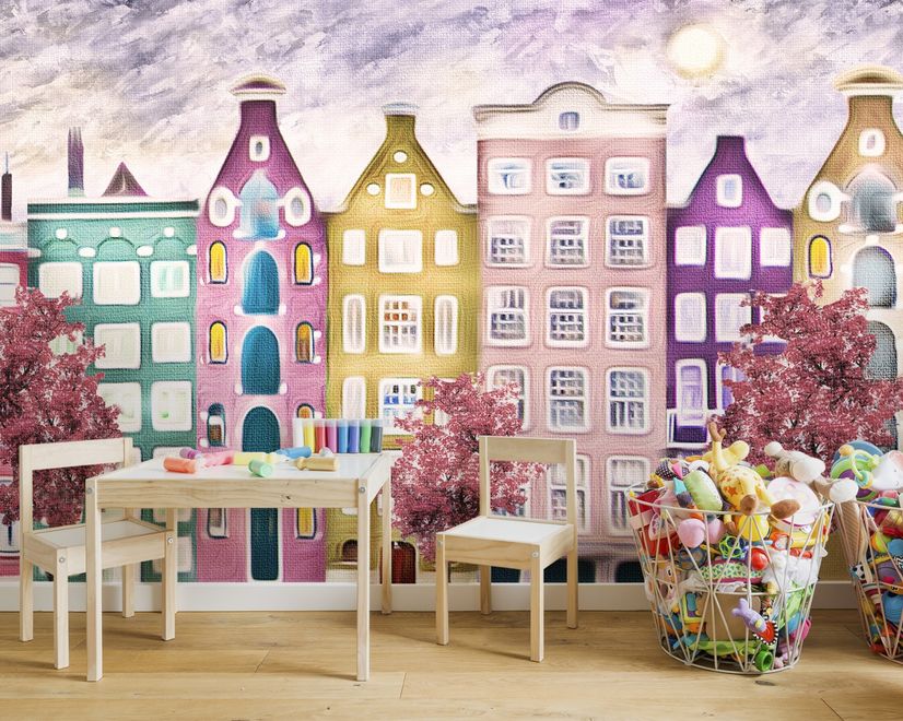 Papier peint panoramique maisons colorées arbres rouges style hollandais enfants