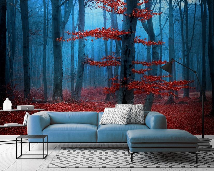 Autumn Forest with Red Leaves Landscape Wallpaper Mural