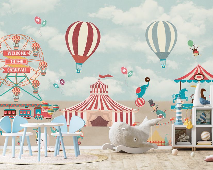 Red Circus with Hot Air Balloon Wallpaper Mural