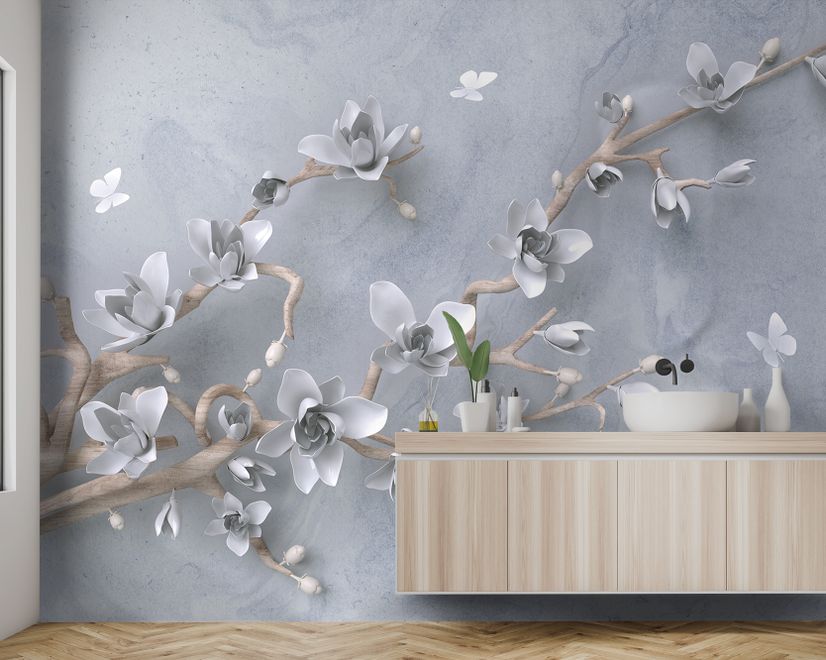 Künstlerische Magnolienblüten und Zweige Fototapete