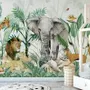 Kids Tropical Safari Animals with Green Leafs Wallpaper Mural