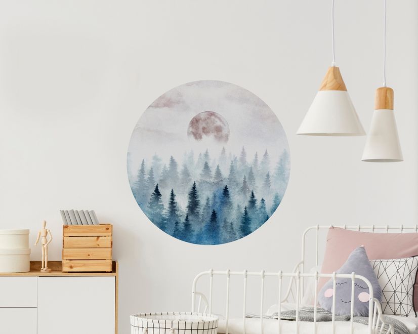 Foggy Forest with Rising Moon Landscape Circle Wall Decal Sticker
