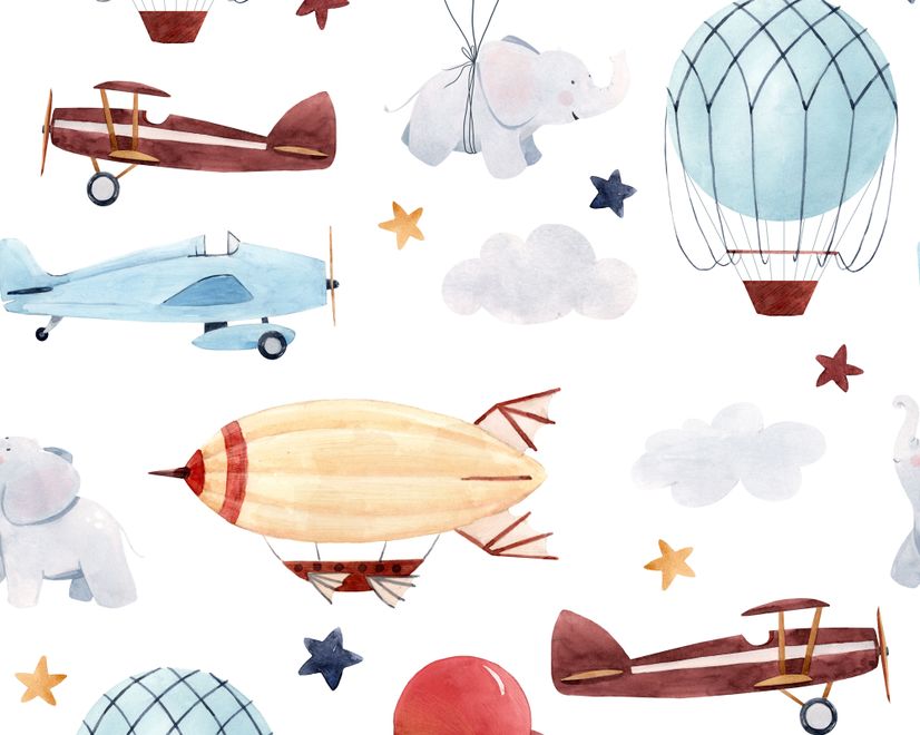 Kids Vintage Hot Air Balloon and Aircraft Pattern Wallpaper Mural