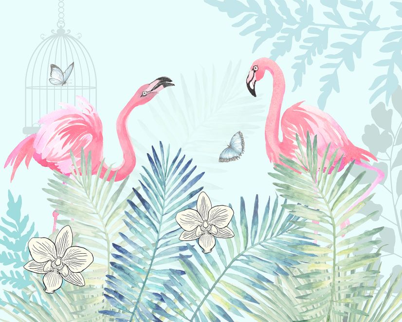Vintage Pink Flamingo with Tropical Leaves Wallpaper Mural