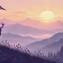 Stag mountain wallpaper with a navy deer silhouette, lavender pine ridges and a pale golden sun