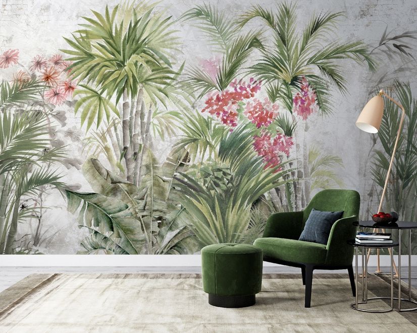 Watercolor Tropical Leaf and Flowers Wallpaper Mural