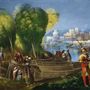 Medieval Lake Landscape with Boats Wallpaper Mural