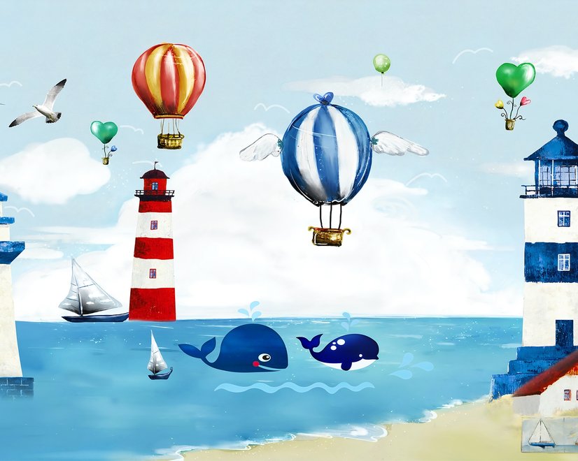 Aquarell-Leuchtturm mit Heißluftballons Fototapete