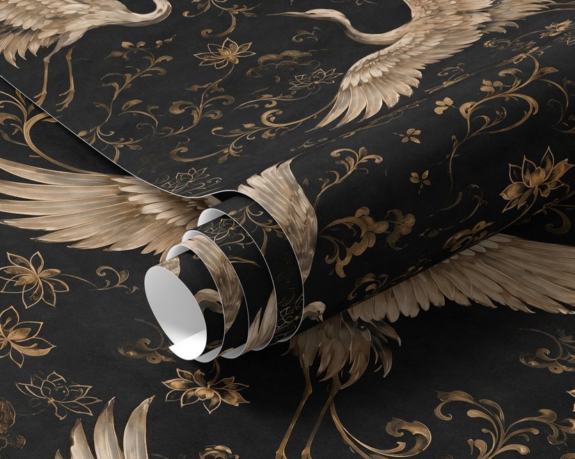 Ivory cranes and antique gold lotus flowers on charcoal-black Japanese lotus wallpaper