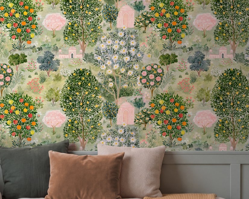 Watercolor Citrus Trees and Floral Brach Wallpaper Mural
