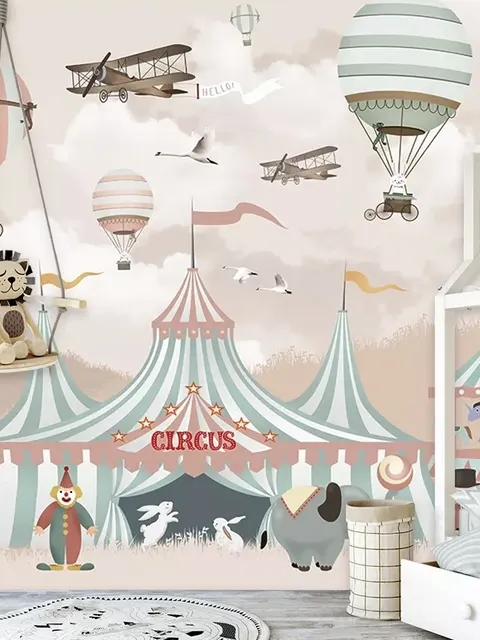 Papier peint panoramique cirque de dessin animé pour enfants avec montgolfière