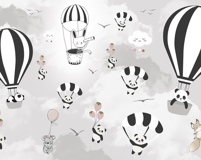 Hot Air Balloon with Cartoons Animals Kids Nursery Wallpaper Mural