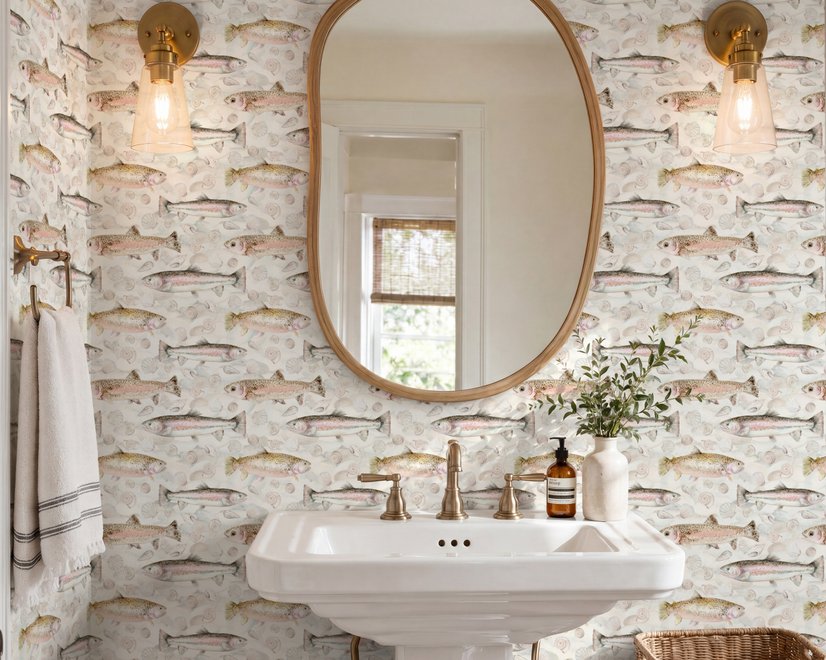 Watercolor fish wallpaper with trout, seashells and pale aqua washes on a warm cream ground