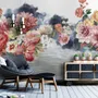 Vintage Red and Pink Blooms Floral on Smoky Background Wallpaper Mural