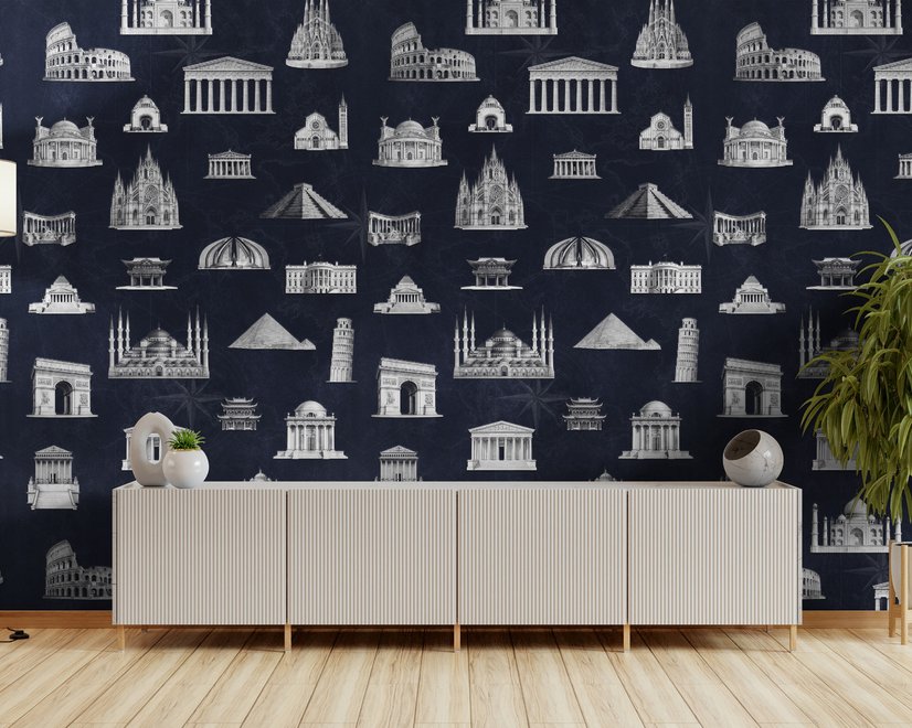 Vintage World Architecture Sketch Wallpaper Mural