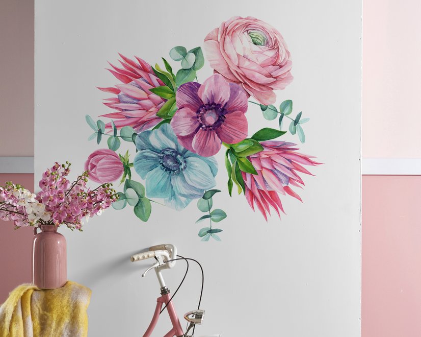 Stickers muraux floral de protea rose avec renoncule et tulipes aquarelle