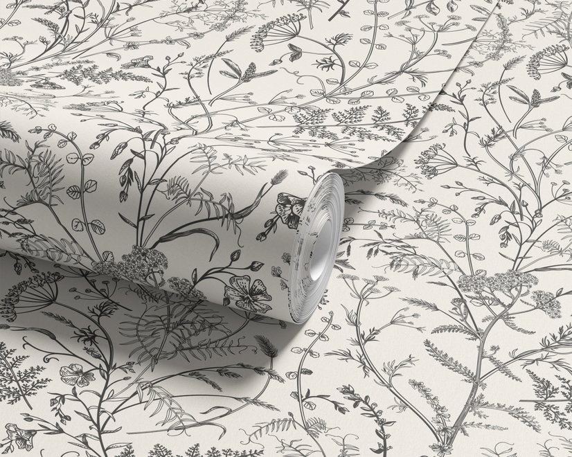 Black outline botanical wallpaper with charcoal wildflowers and grasses on a warm ivory cream ground