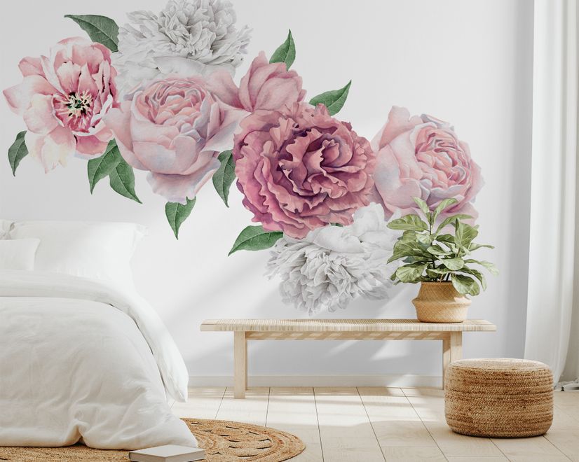 Stickers muraux bouquet floral de pivoine rose et blanche avec bouton de rose aquarelle