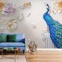 3D Embossed Look Tulip Floral with Peacock Wallpaper Mural