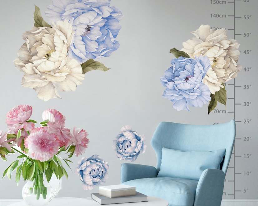 Blue White Peony Floral Bouqets with Green Leaves Wall Decal Sticker