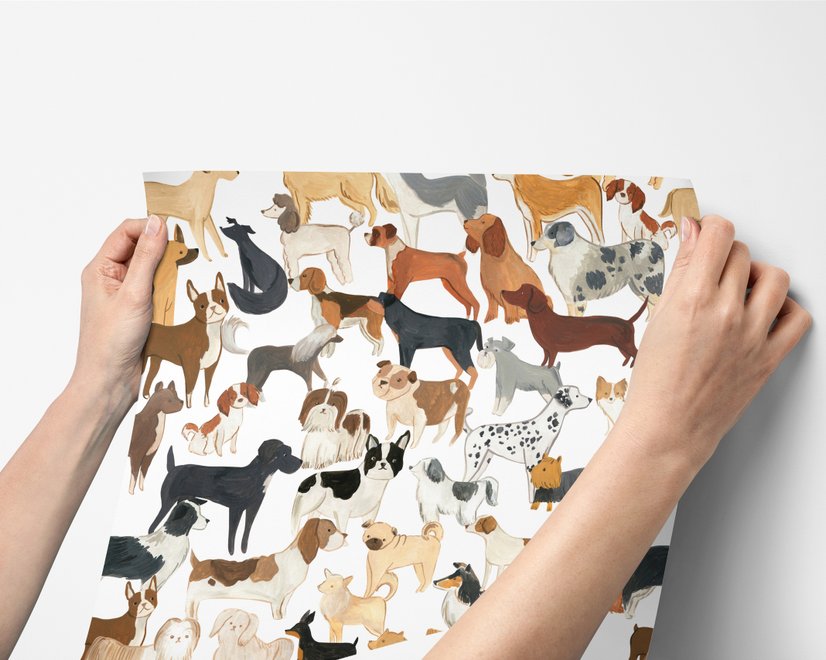 Zoomie kids wallpaper with painted dog breeds in tan, brown, black and grey on white