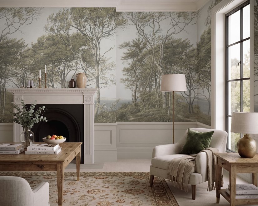 Tree wallpaper forest mural with olive coastal woodland, bare branches, shoreline path and small sailboats